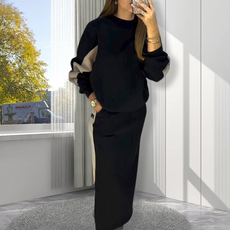 ❄️Loose Color Block Long Sleeve Top & Split Skirt Set