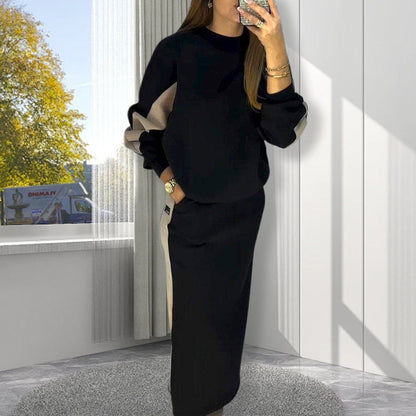 ❄️Loose Color Block Long Sleeve Top & Split Skirt Set