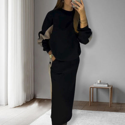 ❄️Loose Color Block Long Sleeve Top & Split Skirt Set