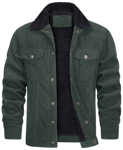 Men's Corduroy Jacket, Sherpa Lined, Cargo Jacket, Cotton, Turn-Down Collar, Winter, Warm, Casual, Work Coat with 5 Pockets
