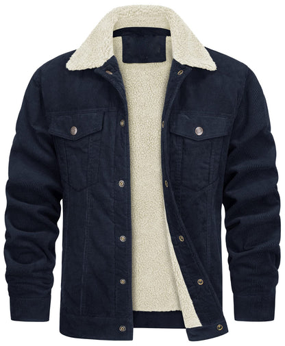Men's Corduroy Jacket, Sherpa Lined, Cargo Jacket, Cotton, Turn-Down Collar, Winter, Warm, Casual, Work Coat with 5 Pockets