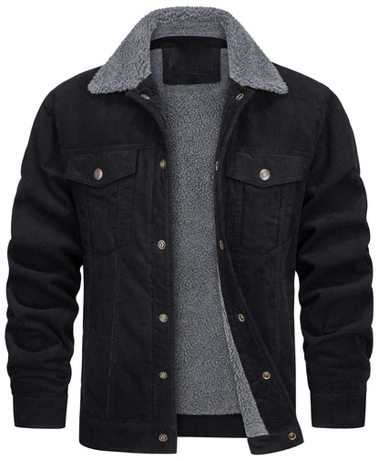 Men's Corduroy Jacket, Sherpa Lined, Cargo Jacket, Cotton, Turn-Down Collar, Winter, Warm, Casual, Work Coat with 5 Pockets