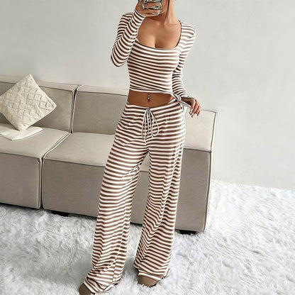 Striped Knit Slim Fit Top & Wide-Leg Pants Set