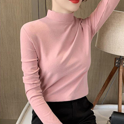 Women's Comfortable Solid Color Half High Neck Long Sleeve Top