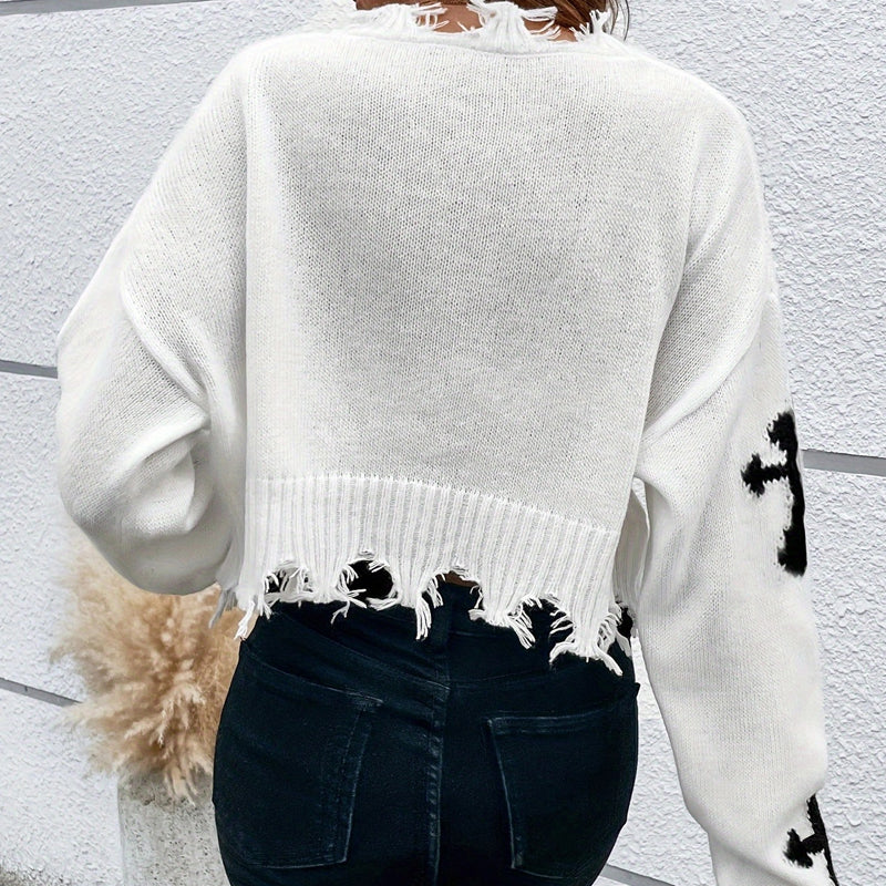 Women's Cross Graphic Ripped Cropped Sweater