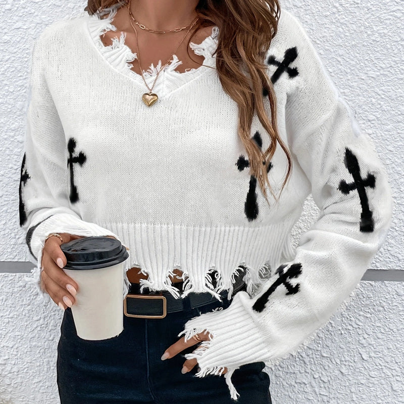 Women's Cross Graphic Ripped Cropped Sweater