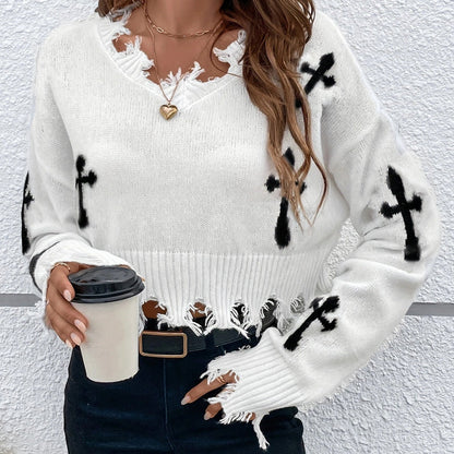Women's Cross Graphic Ripped Cropped Sweater