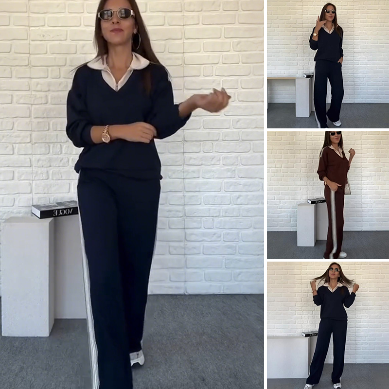 Women's Long Sleeve Lapel Top & Pants Set