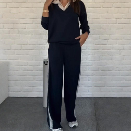Women's Long Sleeve Lapel Top & Pants Set
