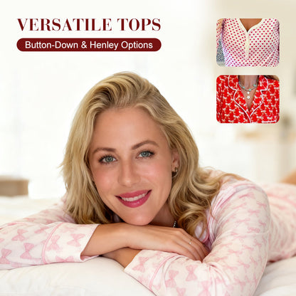 Women’s Heart-Printed Button-Down Long-Sleeve Pajama Sets