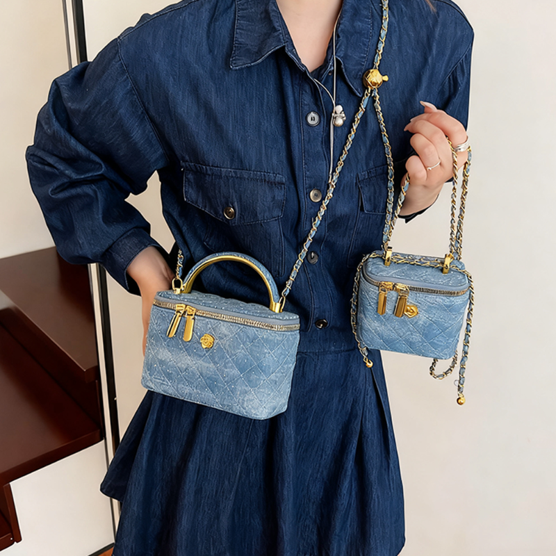 Women's Quilted Rhinestone Denim Crossbody Box Bag