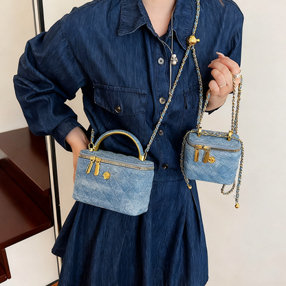 Women's Quilted Rhinestone Denim Crossbody Box Bag