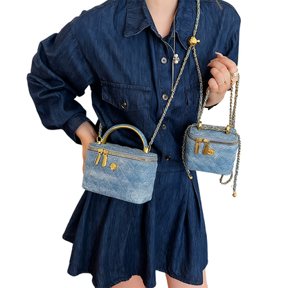 Women's Quilted Rhinestone Denim Crossbody Box Bag