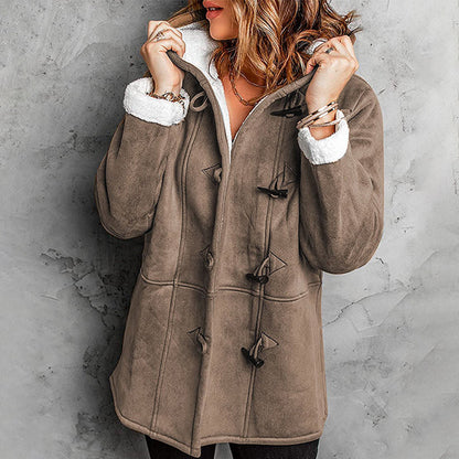 Women's Hooded Suede Coat with Plush Lining