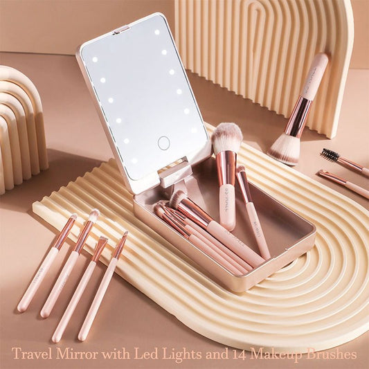 🔥 Big Sale 50% OFF🌈Travel Makeup Brush Set with LED Light Mirror