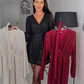 🔥Limited-time offer-Women's Sparkly V-Neck Long Sleeve Dress with Waist Tie