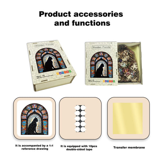 Stained Glass Cat Silhouette Wooden Puzzle 