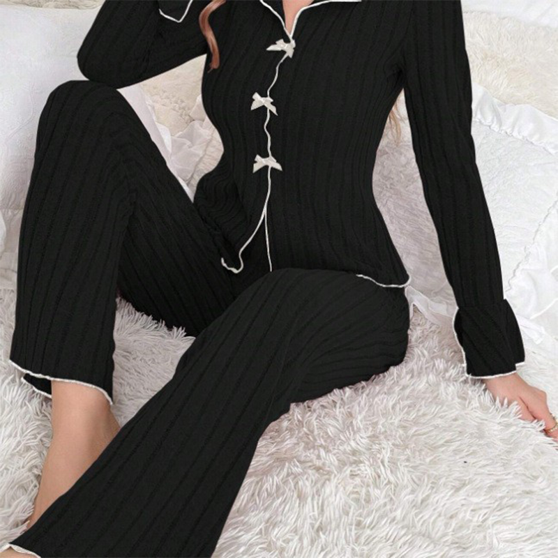 🔥Limited-Time Lowest Price⚡Women's Ribbed Knit Pajamas Sets with Lapel Collar & Bows