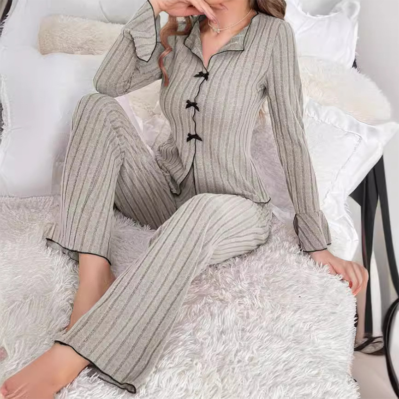 🔥Limited-Time Lowest Price⚡Women's Ribbed Knit Pajamas Sets with Lapel Collar & Bows