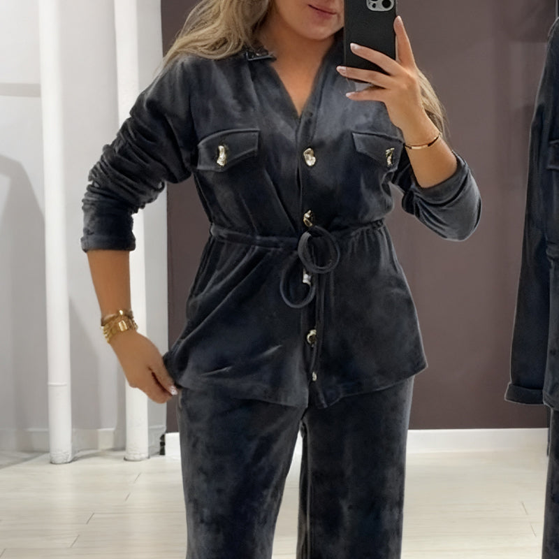 Women's Warm Button-Down Set with Pockets