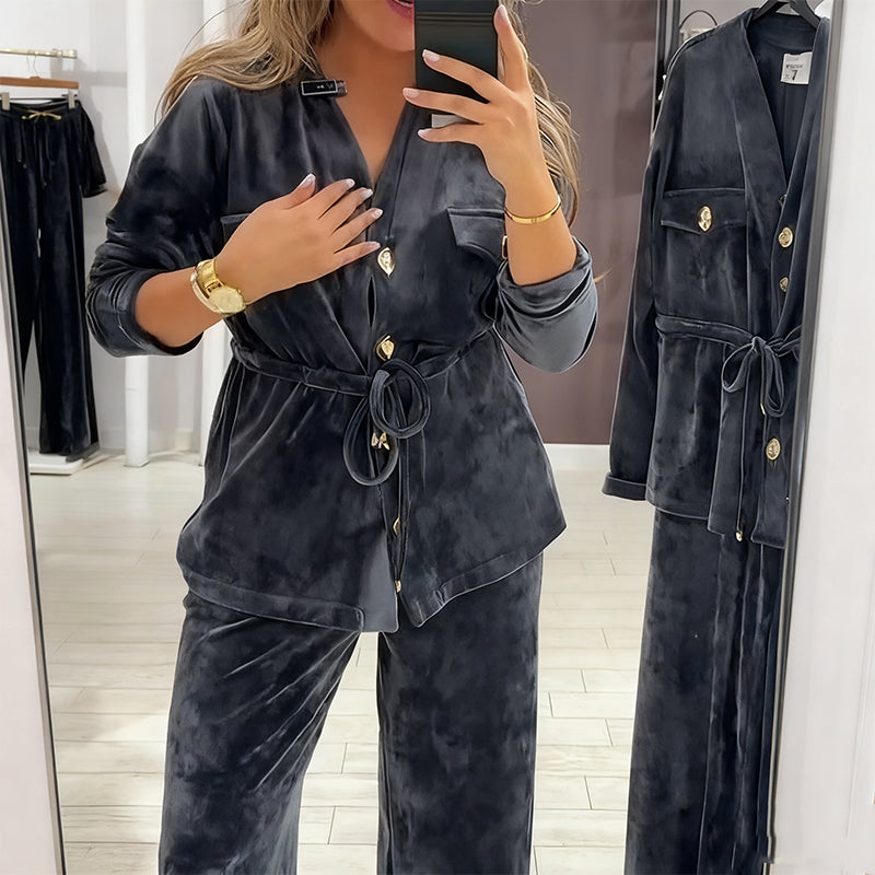 Women's Warm Button-Down Set with Pockets