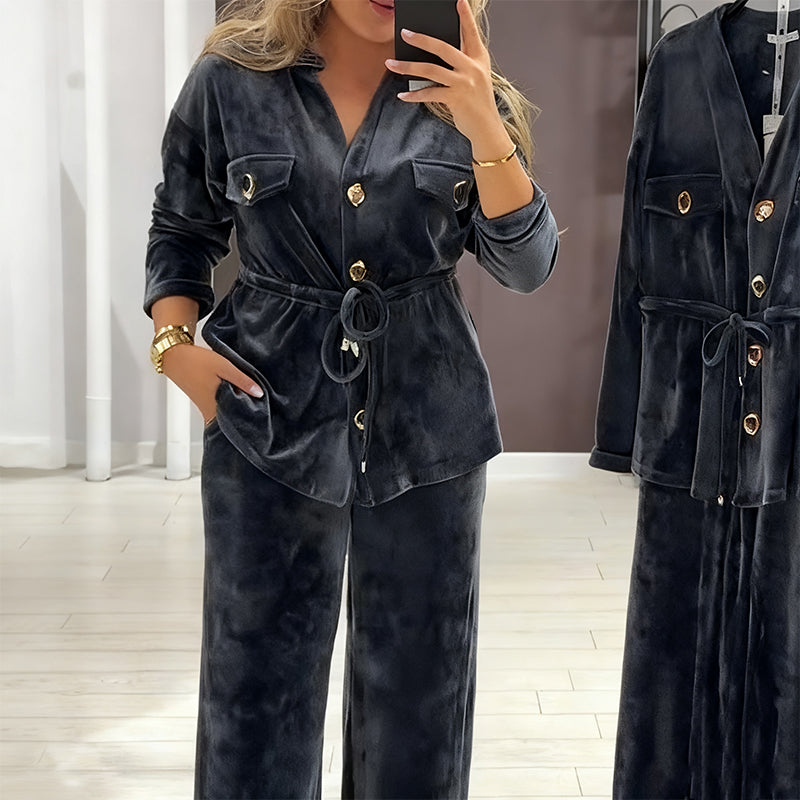 Women's Warm Button-Down Set with Pockets