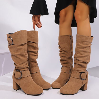 Women's Suede Mid-Calf Boots with Buckle Detail