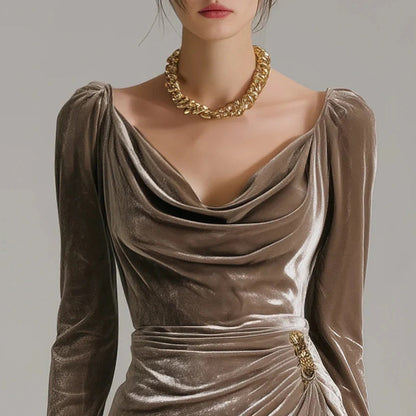 ✨Comfortable and elegant! 💃Long Sleeve Cowl Neck Ruched Slit Dress