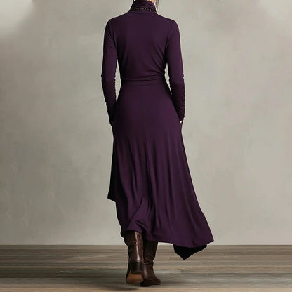 👗 Women's Elegant High-Neck Asymmetrical Maxi Dress – Draped Design for Effortless Charm!
