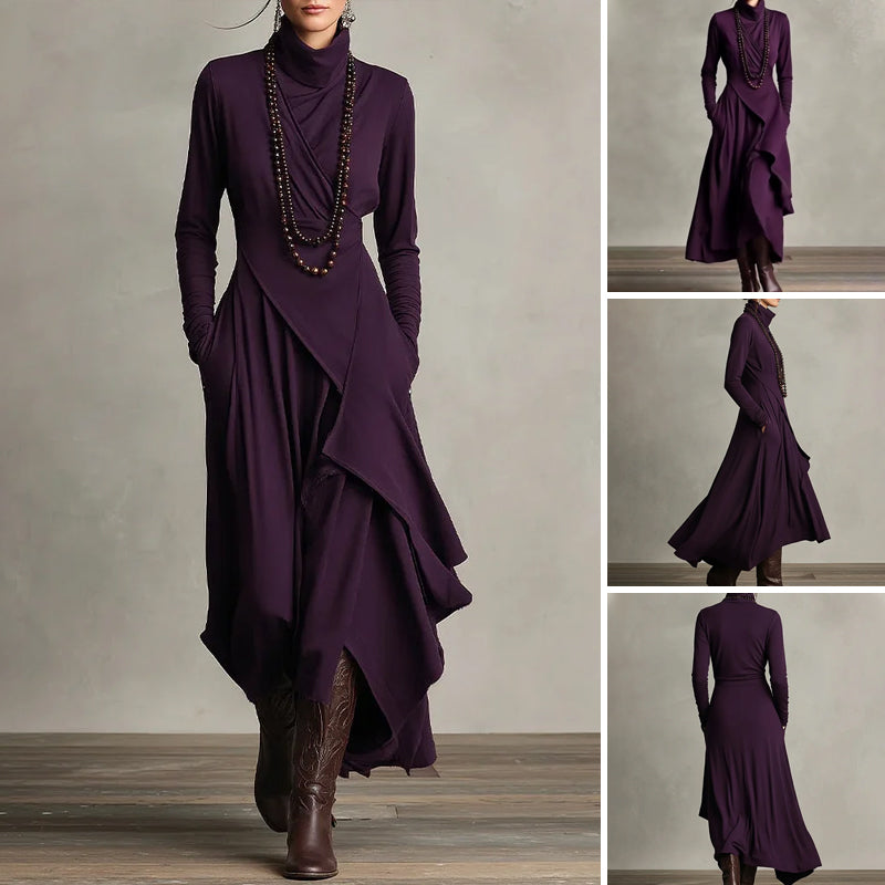 👗 Women's Elegant High-Neck Asymmetrical Maxi Dress – Draped Design for Effortless Charm!