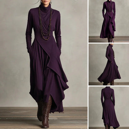 👗 Women's Elegant High-Neck Asymmetrical Maxi Dress – Draped Design for Effortless Charm!
