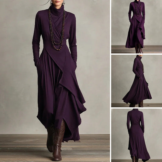 👗 Women's Elegant High-Neck Asymmetrical Maxi Dress – Draped Design for Effortless Charm!