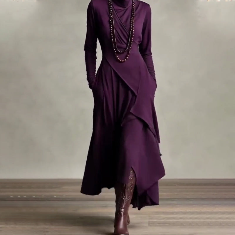 👗 Women's Elegant High-Neck Asymmetrical Maxi Dress – Draped Design for Effortless Charm!