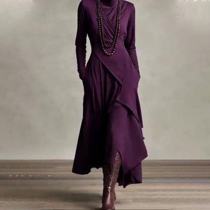 👗 Women's Elegant High-Neck Asymmetrical Maxi Dress – Draped Design for Effortless Charm!