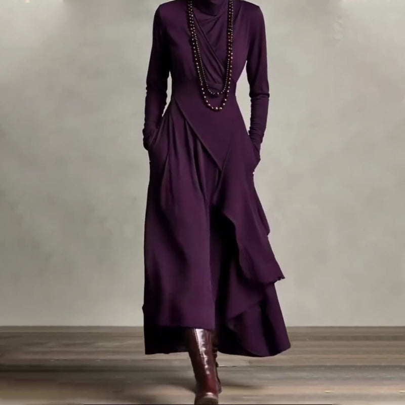 👗 Women's Elegant High-Neck Asymmetrical Maxi Dress – Draped Design for Effortless Charm!