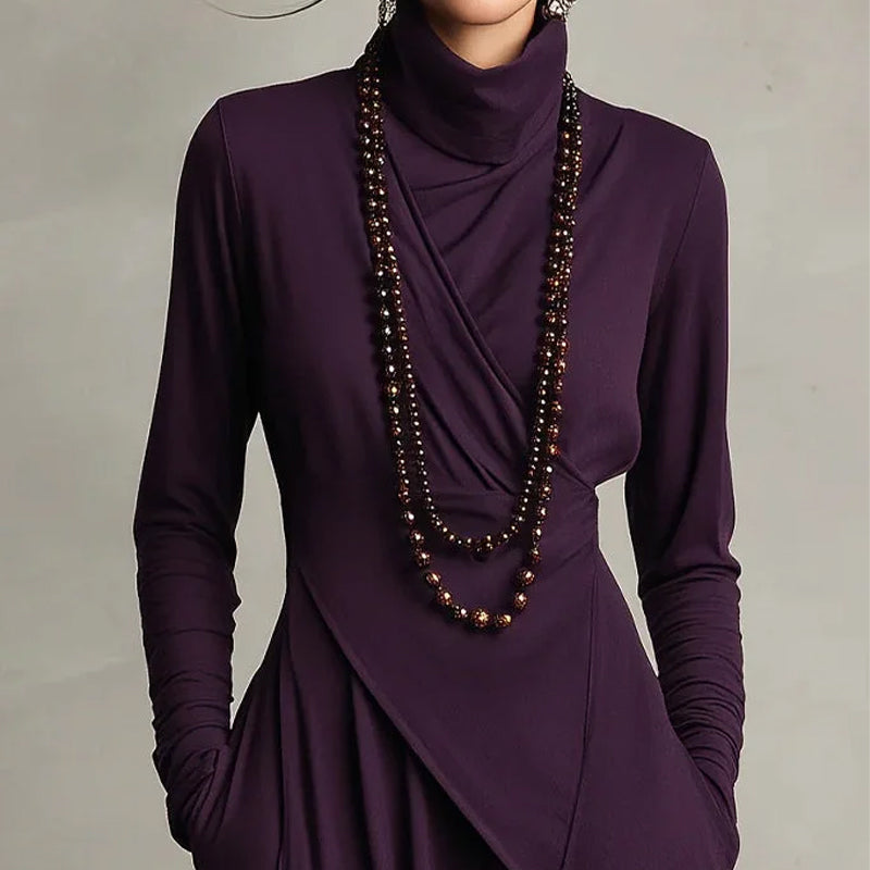 👗 Women's Elegant High-Neck Asymmetrical Maxi Dress – Draped Design for Effortless Charm!