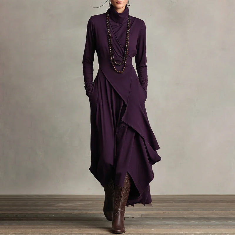 👗 Women's Elegant High-Neck Asymmetrical Maxi Dress – Draped Design for Effortless Charm!