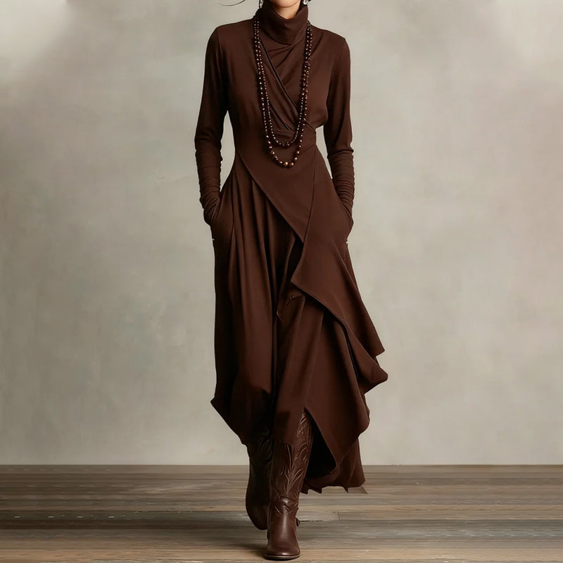 👗 Women's Elegant High-Neck Asymmetrical Maxi Dress – Draped Design for Effortless Charm!
