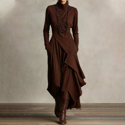 👗 Women's Elegant High-Neck Asymmetrical Maxi Dress – Draped Design for Effortless Charm!