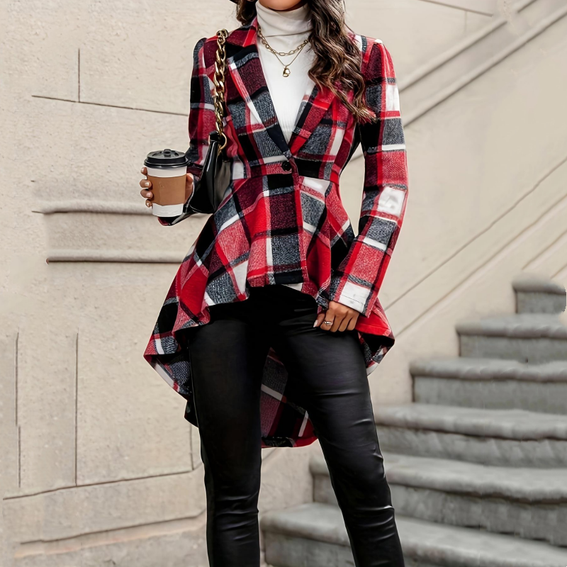 Women's Plaid High-Low Peplum Coat