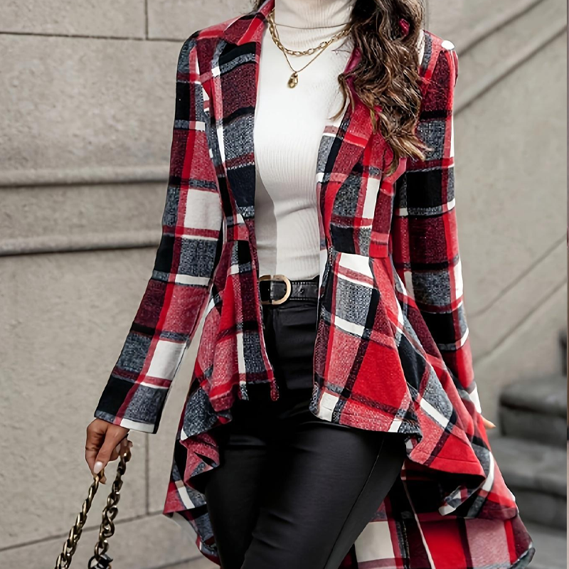 Women's Plaid High-Low Peplum Coat