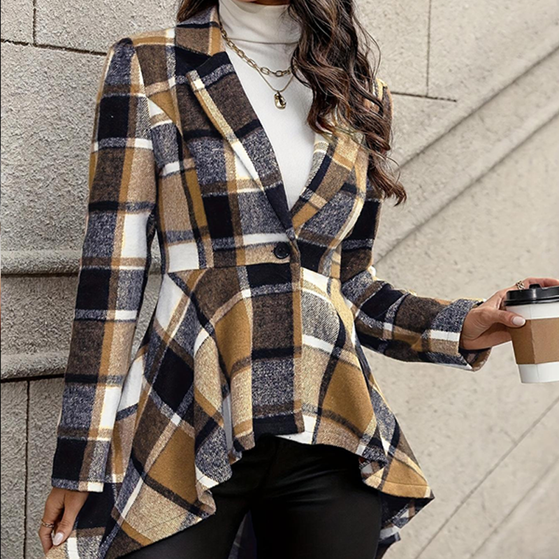 Women's Plaid High-Low Peplum Coat