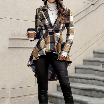 Women's Plaid High-Low Peplum Coat