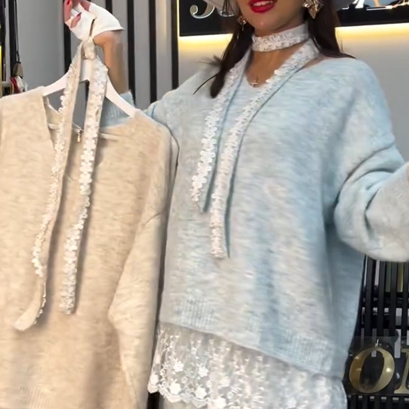 ✨ Women’s Lace-Trim Knit Sweater & Skirt 2-Piece Set — Effortless Elegance for Autumn & Winter ❄️👗