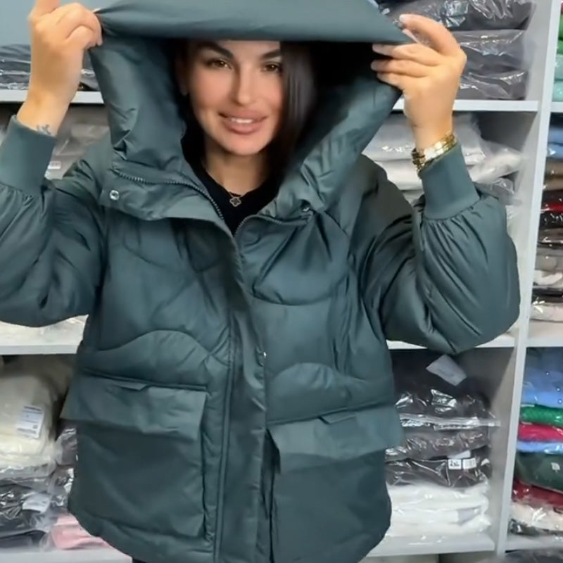Women's Hooded Quilted Warm Jacket with Pockets