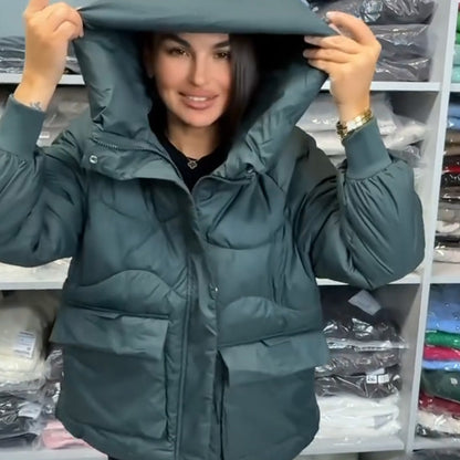 Women's Hooded Quilted Warm Jacket with Pockets