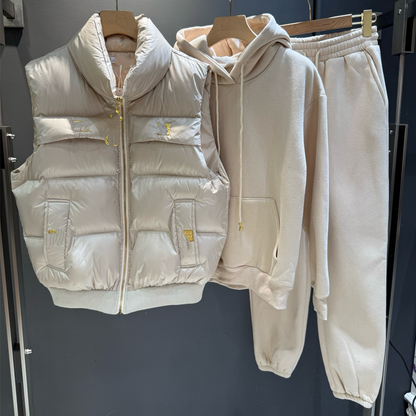 Women's 3-Piece Puffer Vest, Hoodie & Joggers Set