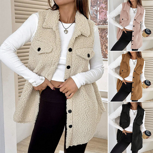 Women's Warm Fuzzy Long Button-Up Collar Vest