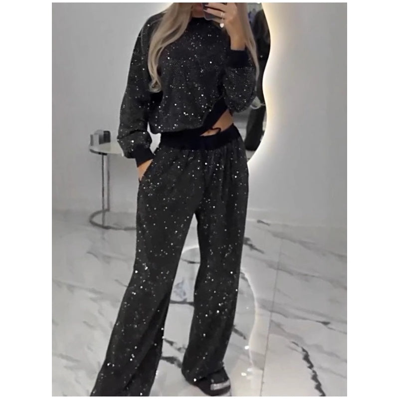 Sequined Loose Fit Top and Wide Leg Pants Two-Piece Set | Effortless Glam