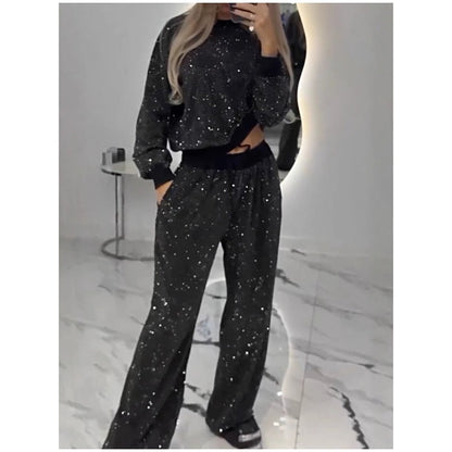 Sequined Loose Fit Top and Wide Leg Pants Two-Piece Set | Effortless Glam